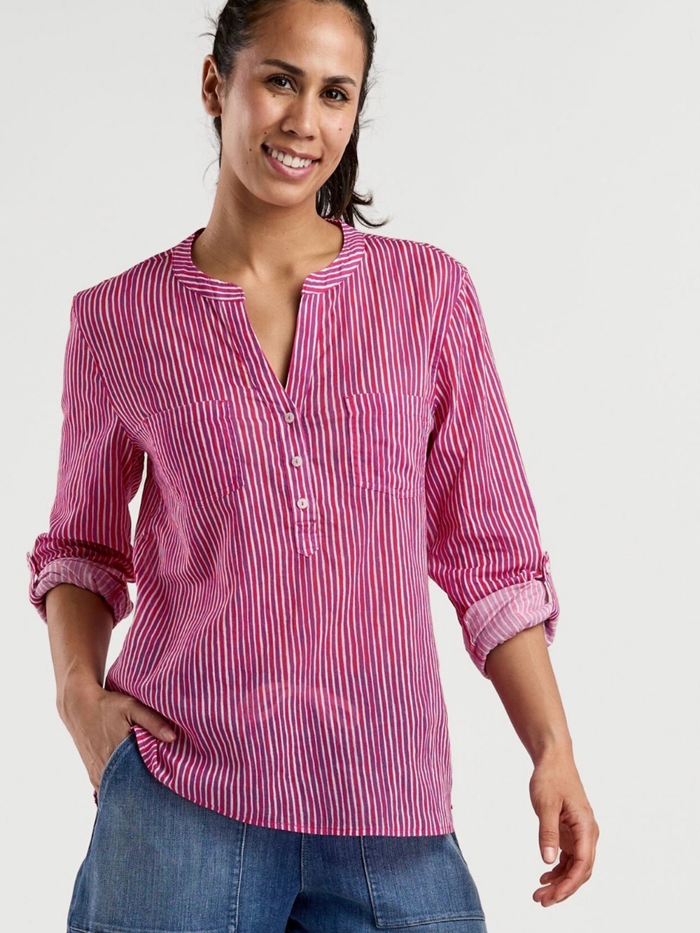 Carve Designs Pink & White Striped Split-Neck Top